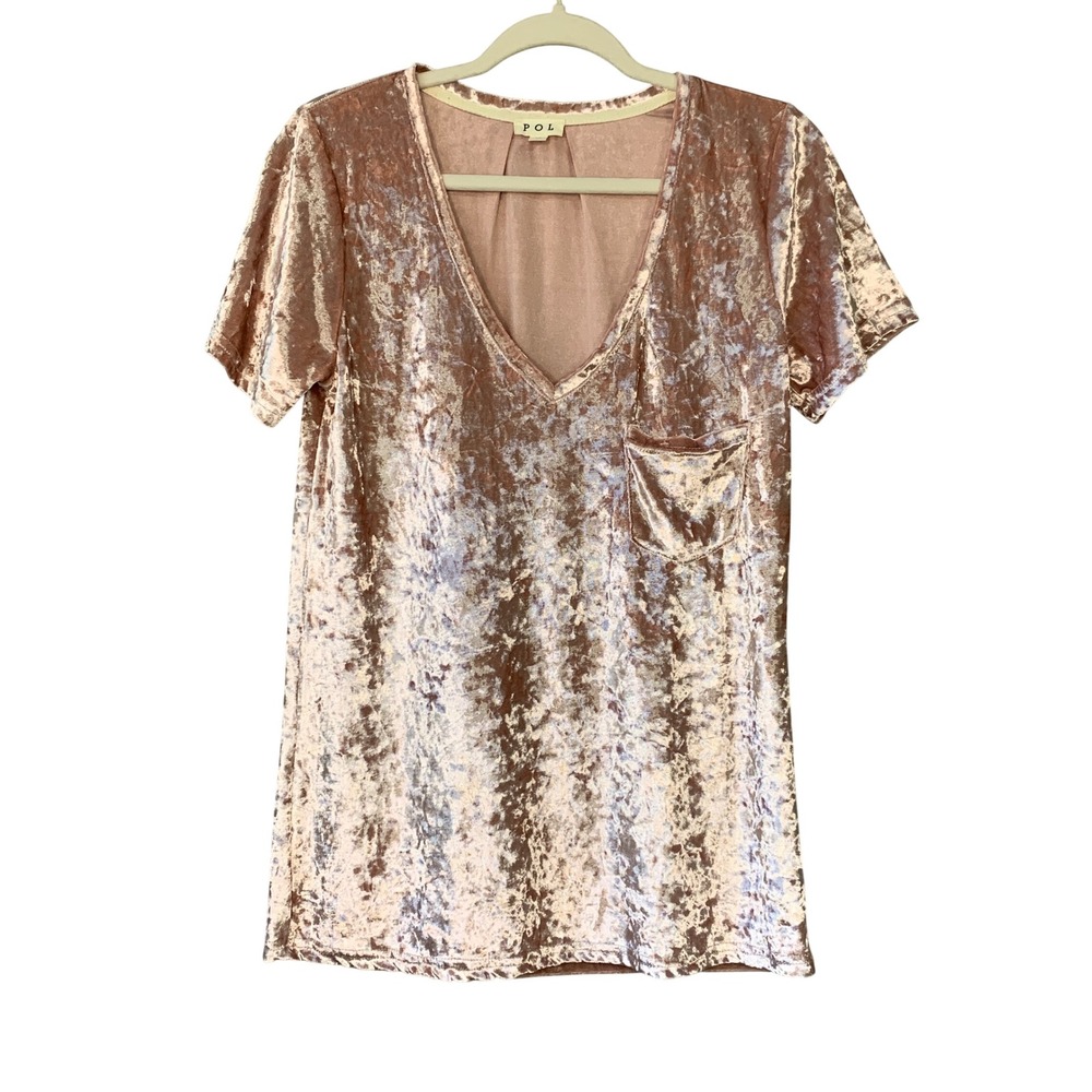 POL Crushed‎ Velvet Rose Pink V-Neck Pocket Short Sleeve Casual Womens Size S